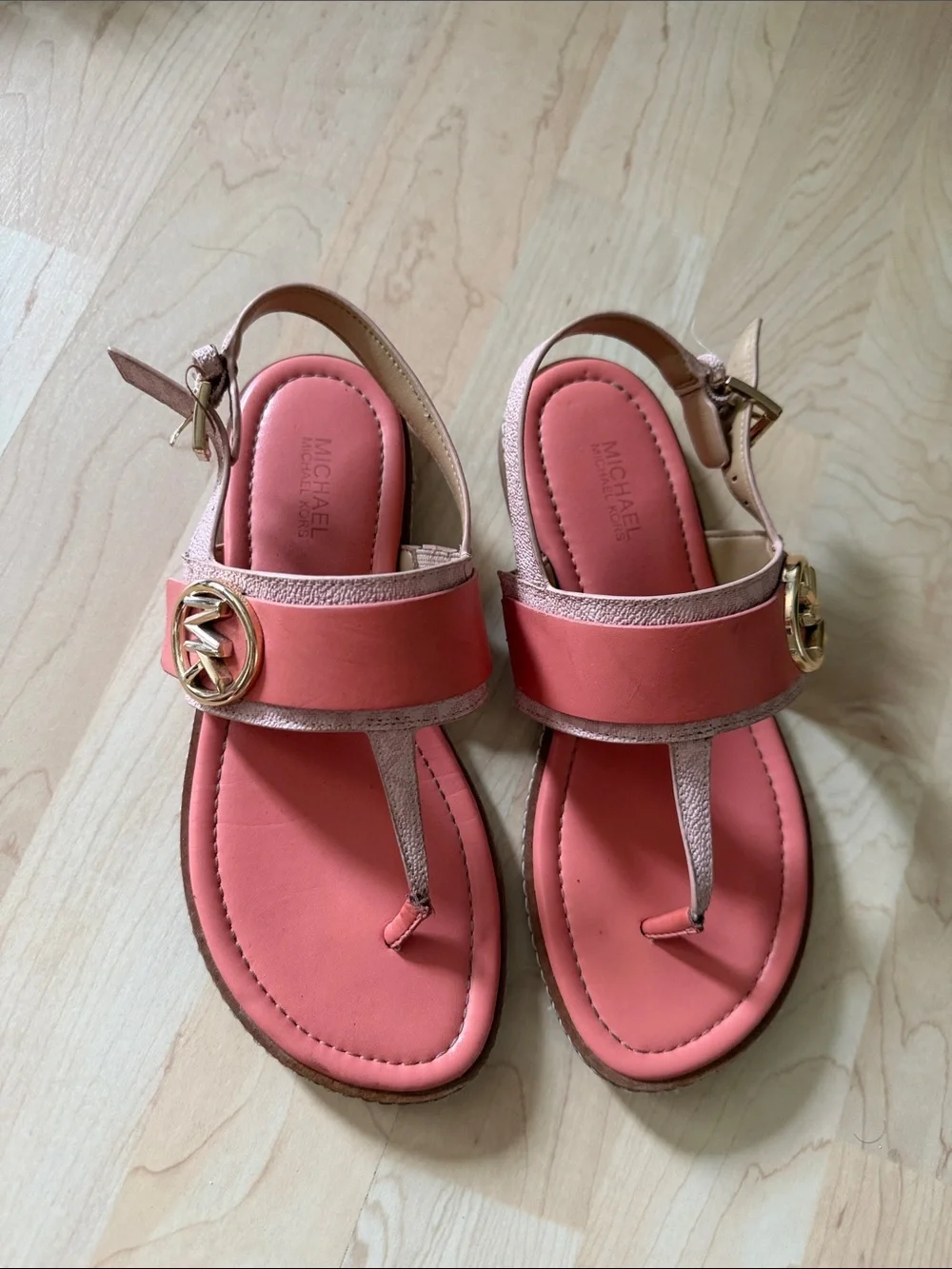 Michael Kors Coral Pink Leather T-Strap Sandals with Gold MK Accent